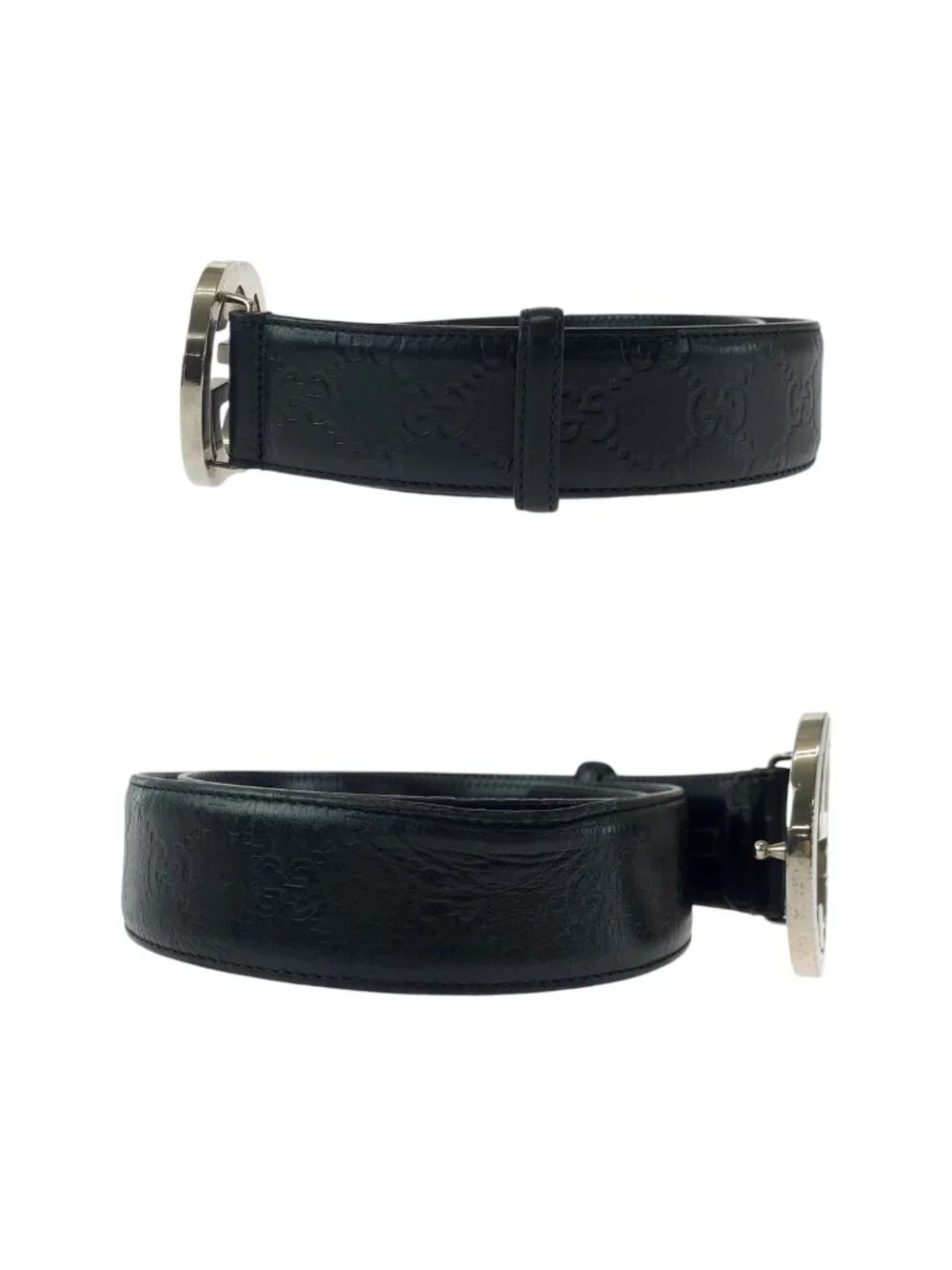 Gucci Guccissima Interlocking 85 Black Silver Leather Belt Buckle